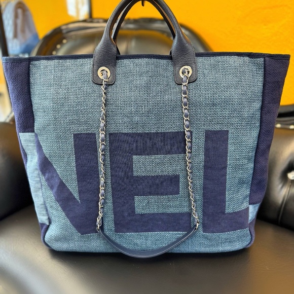 CHANEL Denim Deauville Logo Shopping Chain Tote Large Bag & Card - Picture 2 of 13